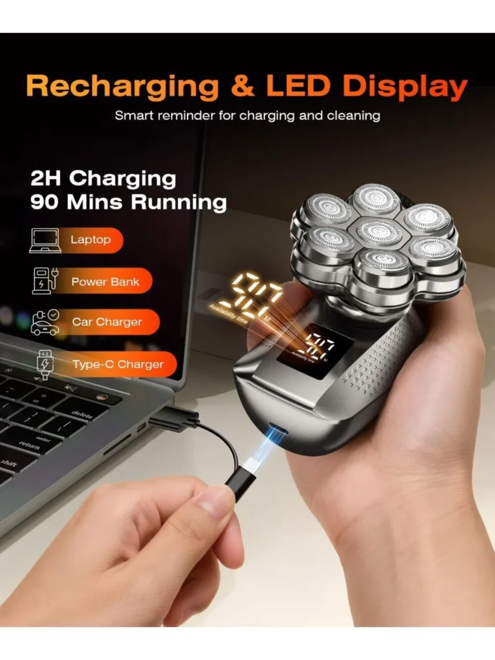 Waterproof 7D Electric Head Shaver for Bald Men, 5-in-1 Grooming Kit